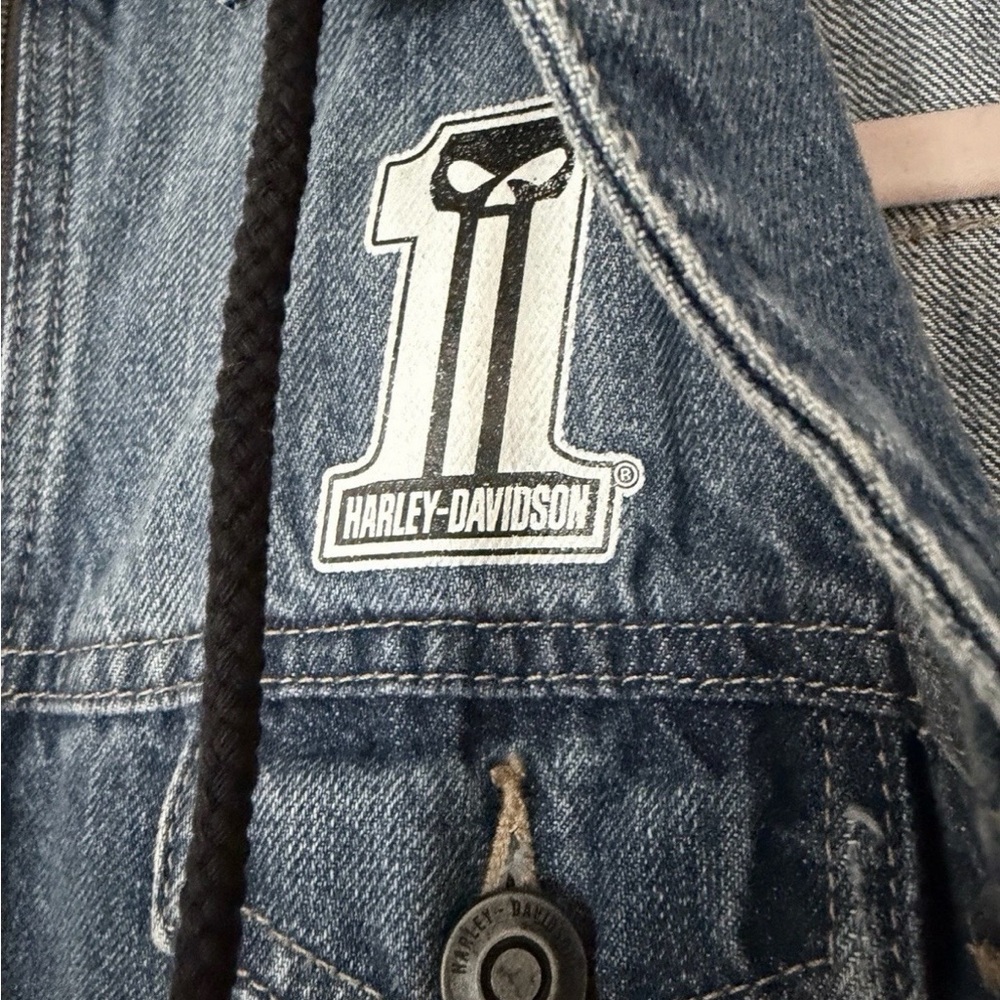 Harley-Davidson Blue Denim & Black Sleeve Hoodie Jacket, Size Small - Picture 3 of 8